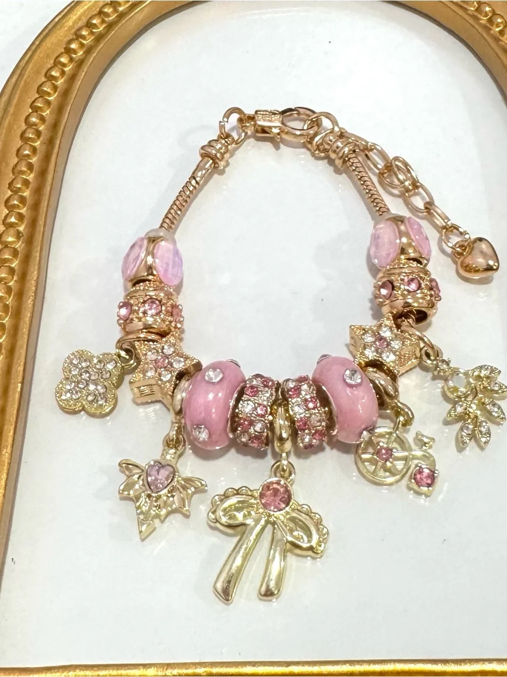 New Gold-Tone Pink Charm Bracelet with Enamel Beads and Crystal Accents 7 inches